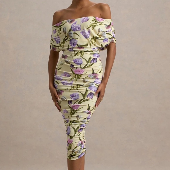 Club L London Rayleigh Tulip Floral Print Bardot Ruched Midi Dress - Picture 1 of 4